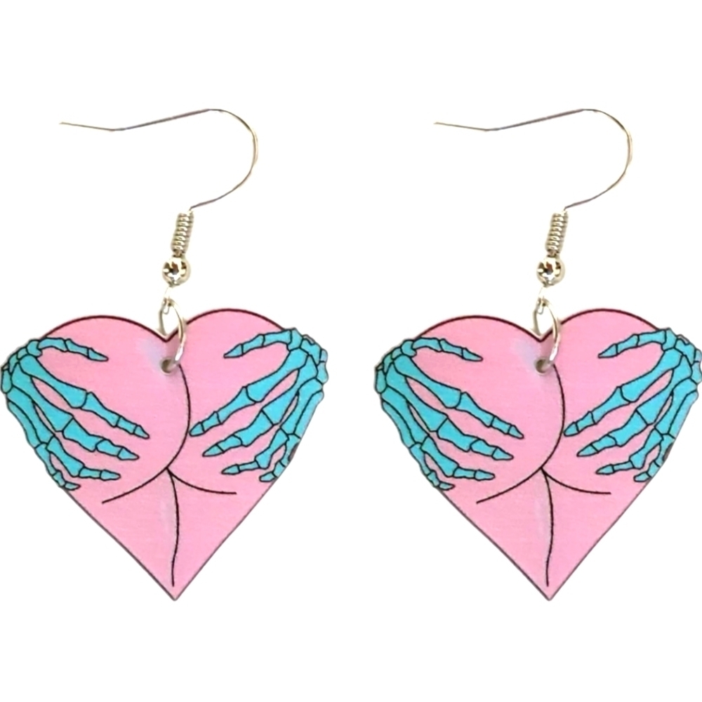 Women’s Jewelry Pink Heart Shaped Butt Dangle Earrings with Blue Skeleton Hands